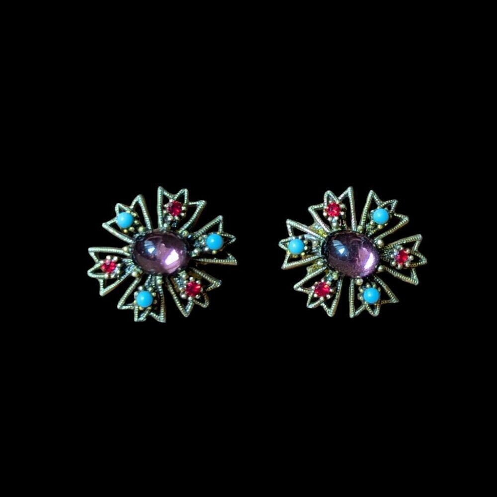 Vintage Gilded Brass Earrings‎ Amethyst Filigree MCM Gold Tone 1950’s Ornate